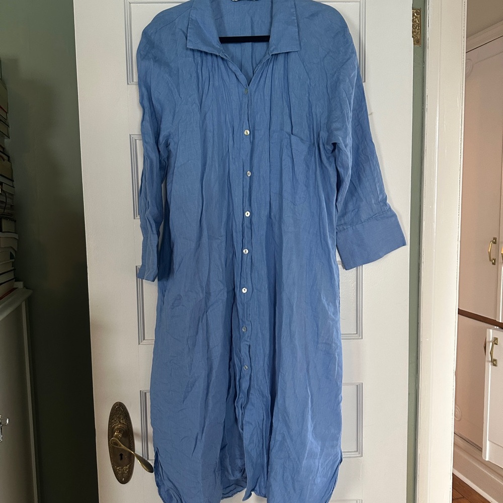 Zara Sky Blue Long Casual Button-Down linen shirt dress